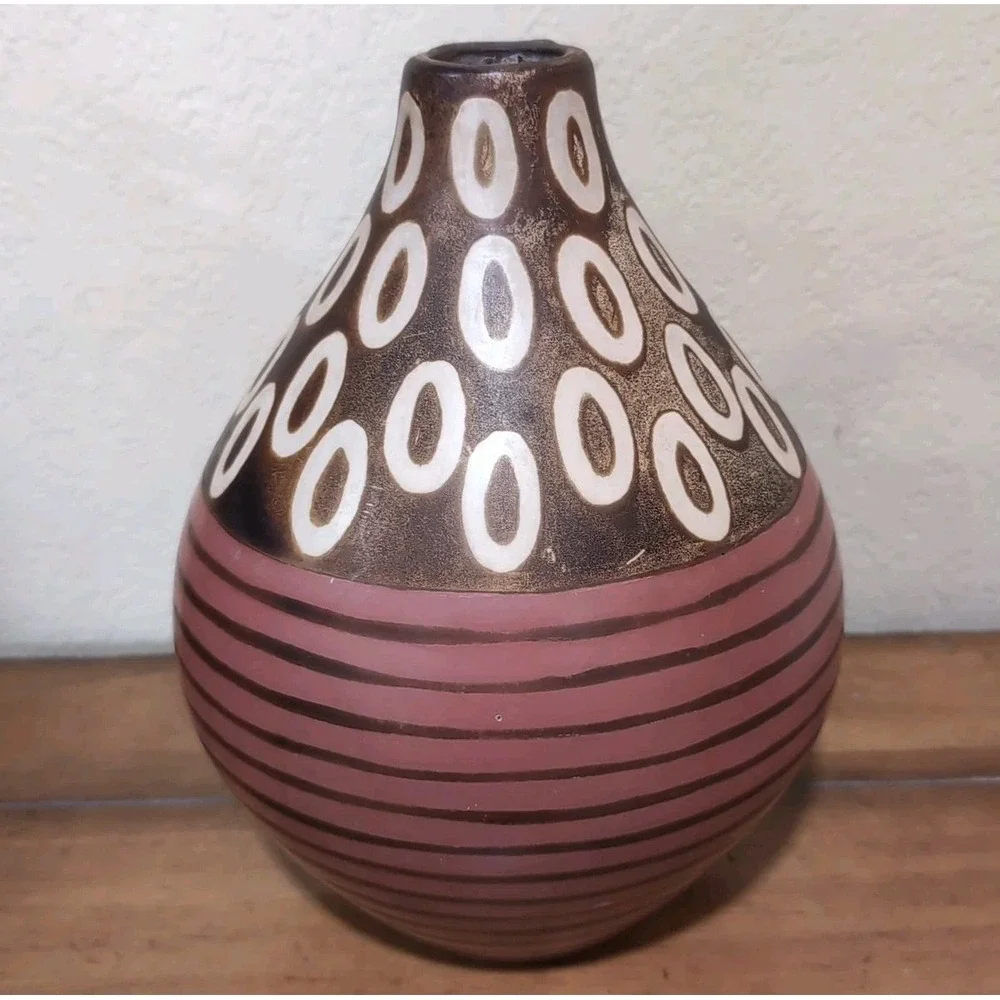 VTG Alex Calle Pottery‎ Jug Vase Signed Brown Geometric Modernist Peru Folk Art